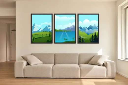 Pôster Trio de montanhas e lago em azul e verde emoldurado na parede: sala de estar ampla
