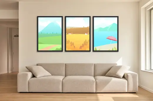 Pôster Trio de paisagem com guarda-sol e trigal emoldurado na parede: sala de estar ampla