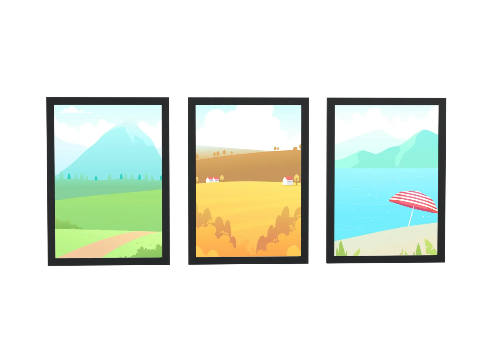 Pôster Trio de paisagem com guarda-sol e trigal emoldurado