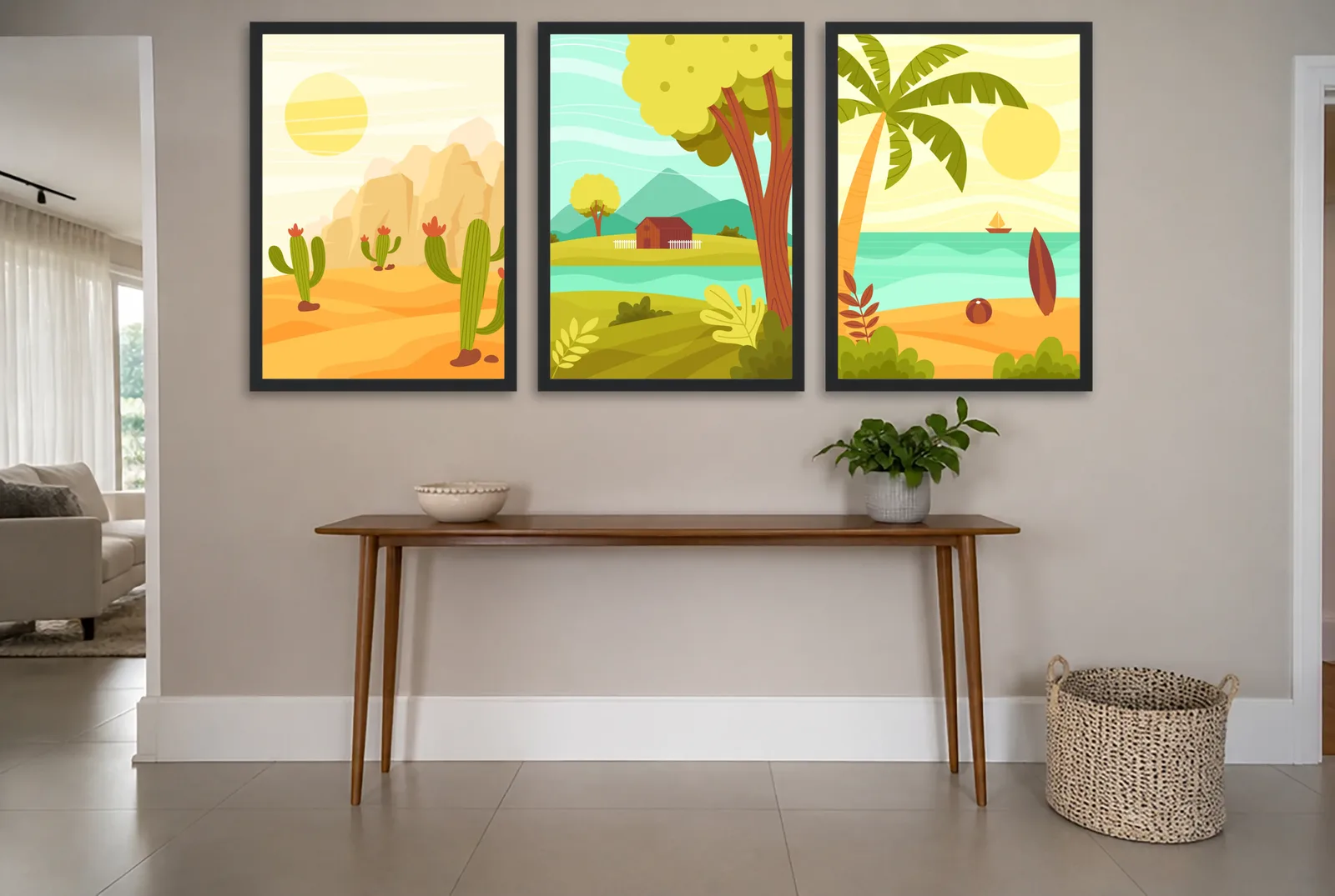 Pôster Trio de deserto, campo e praia com palmeira emoldurado na parede: hall de entrada