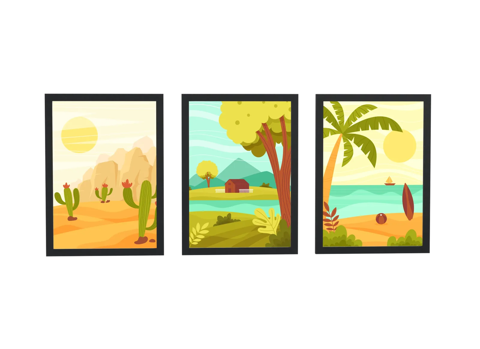 Pôster Trio de deserto, campo e praia com palmeira emoldurado