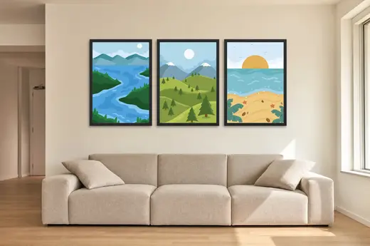 Pôster Trio de rio, colinas e praia em verde e azul emoldurado na parede: sala de estar ampla