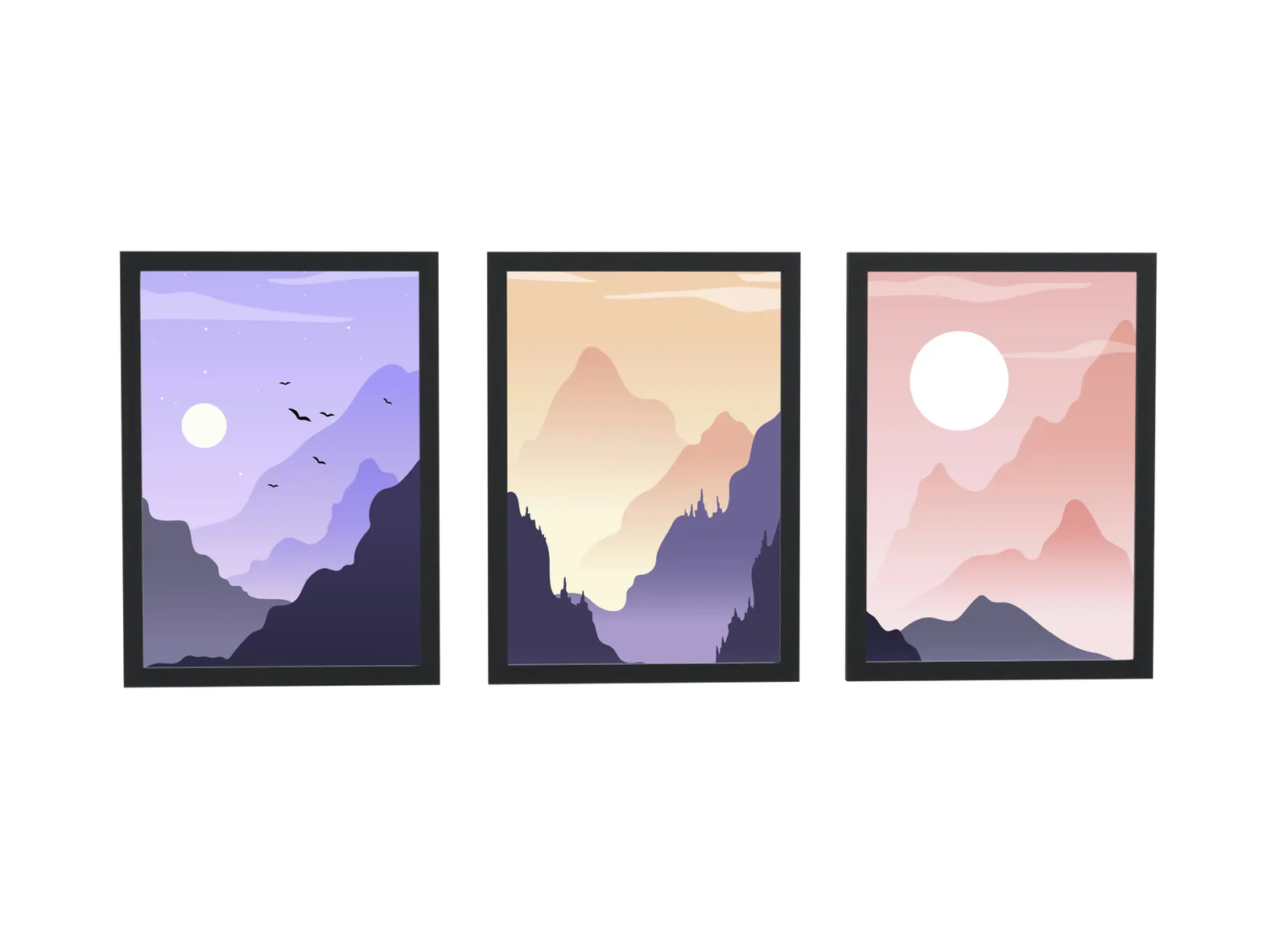 Pôster Trio de montanhas em degradê roxo e rosa emoldurado