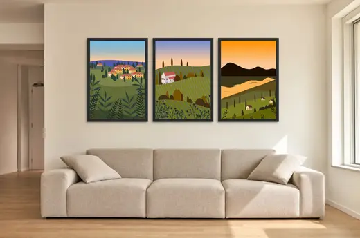 Pôster Trio de vilarejo mediterrâneo ao entardecer emoldurado na parede: sala de estar ampla