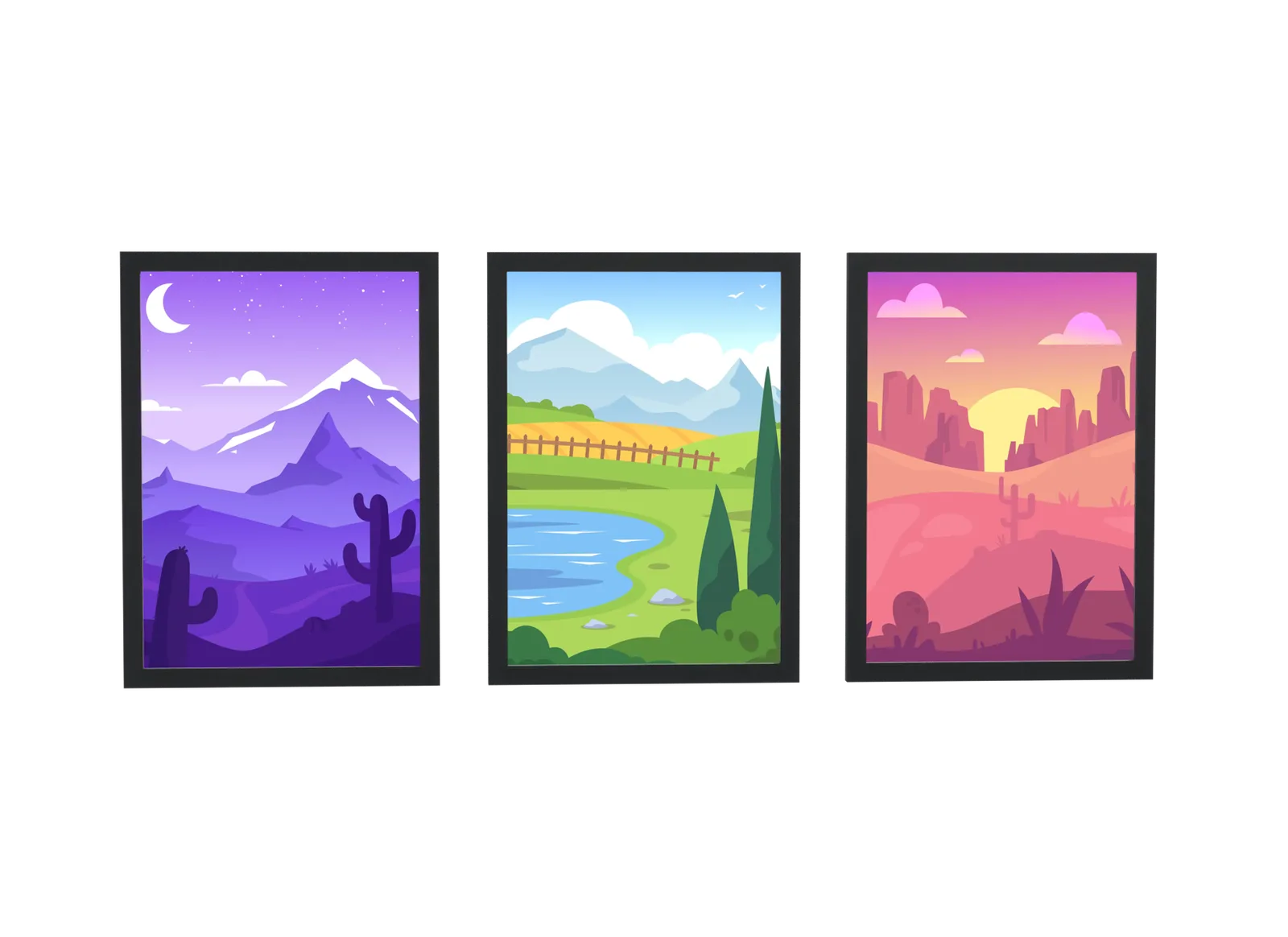 Pôster Trio de deserto e cactos em roxo e rosa emoldurado