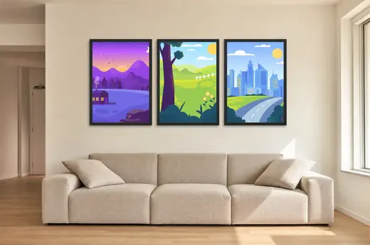 Pôster Trio de casa no campo e skyline da cidade emoldurado na parede: sala de estar ampla