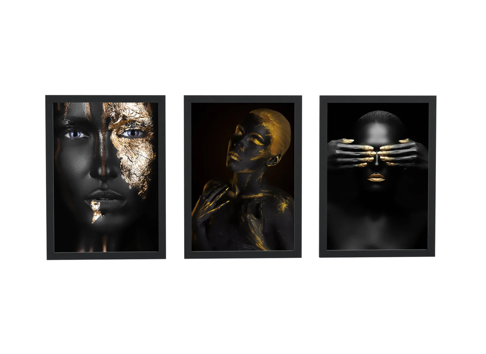 Pôster Trio de retrato em pintura corporal dourada emoldurado