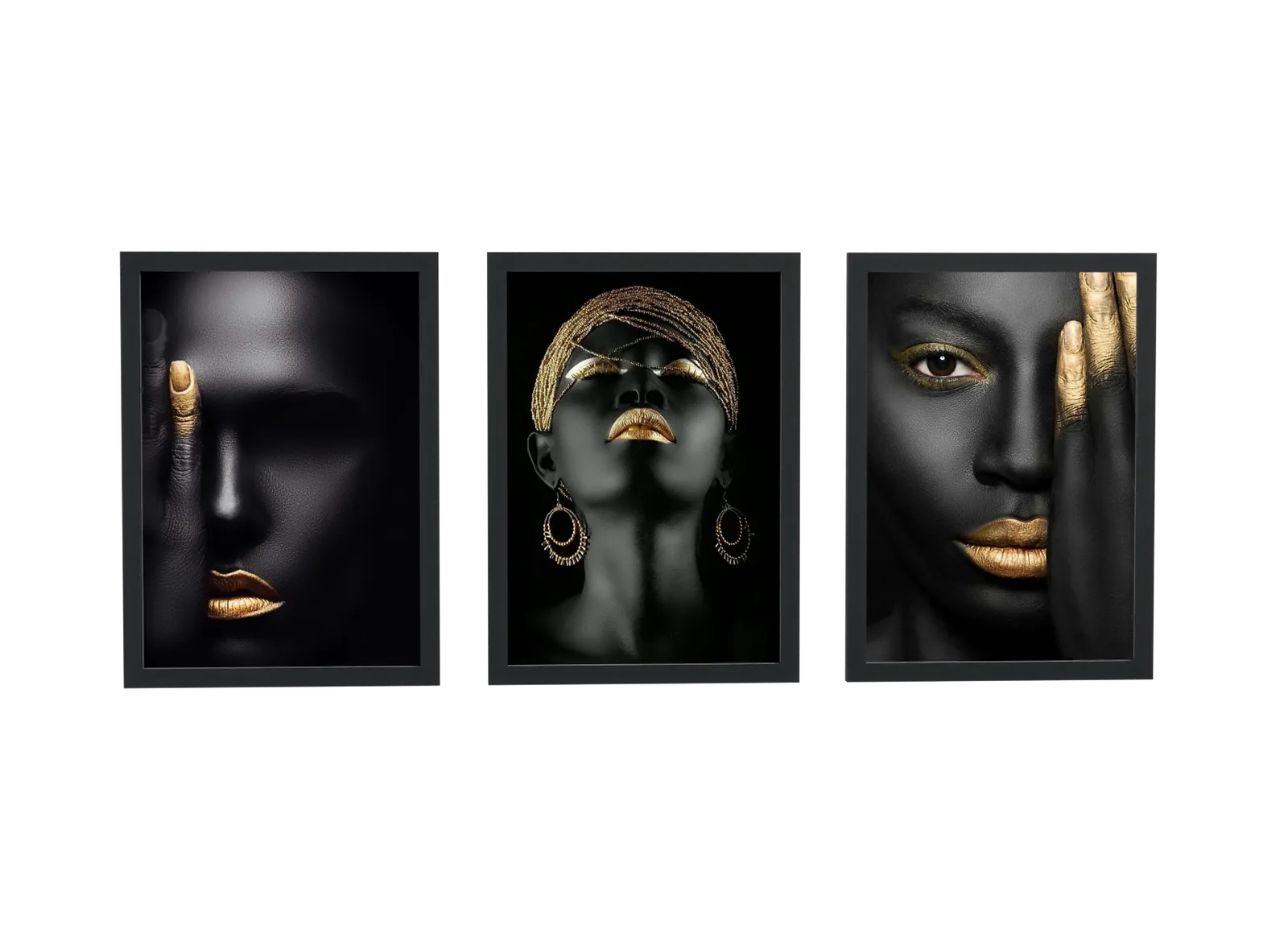 Pôster Trio de retrato dourado com turbante e brincos emoldurado