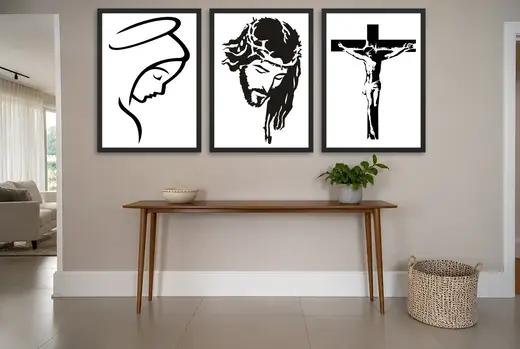 Pôster Trio religioso de Maria, Jesus e cruz emoldurado na parede: hall de entrada