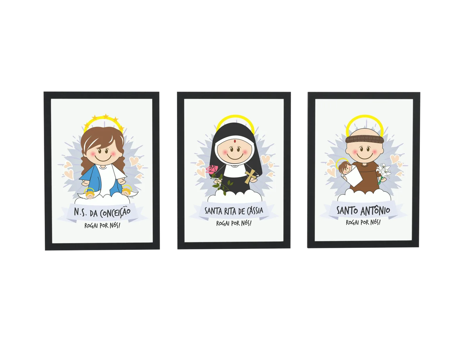 Pôster Trio infantil de santos católicos emoldurado