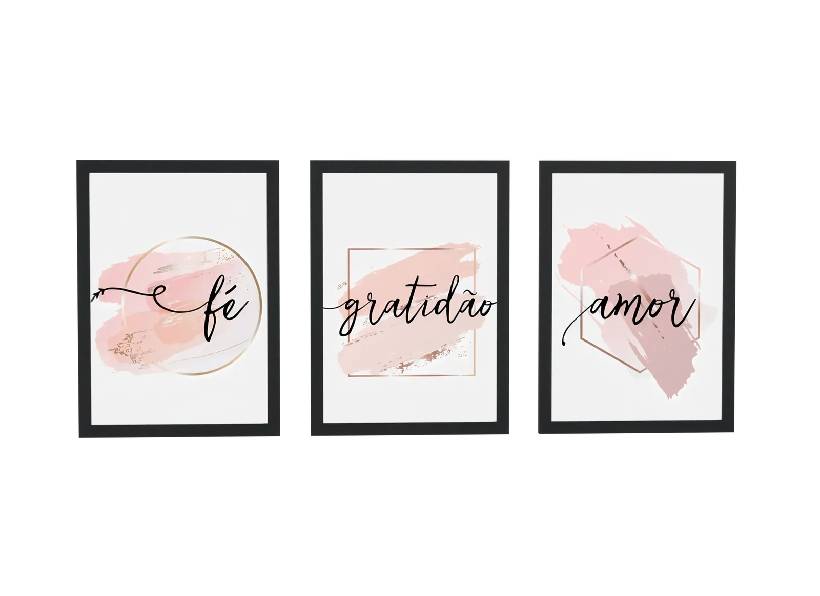 Pôster Trio de fé, gratidão e amor em rosa emoldurado