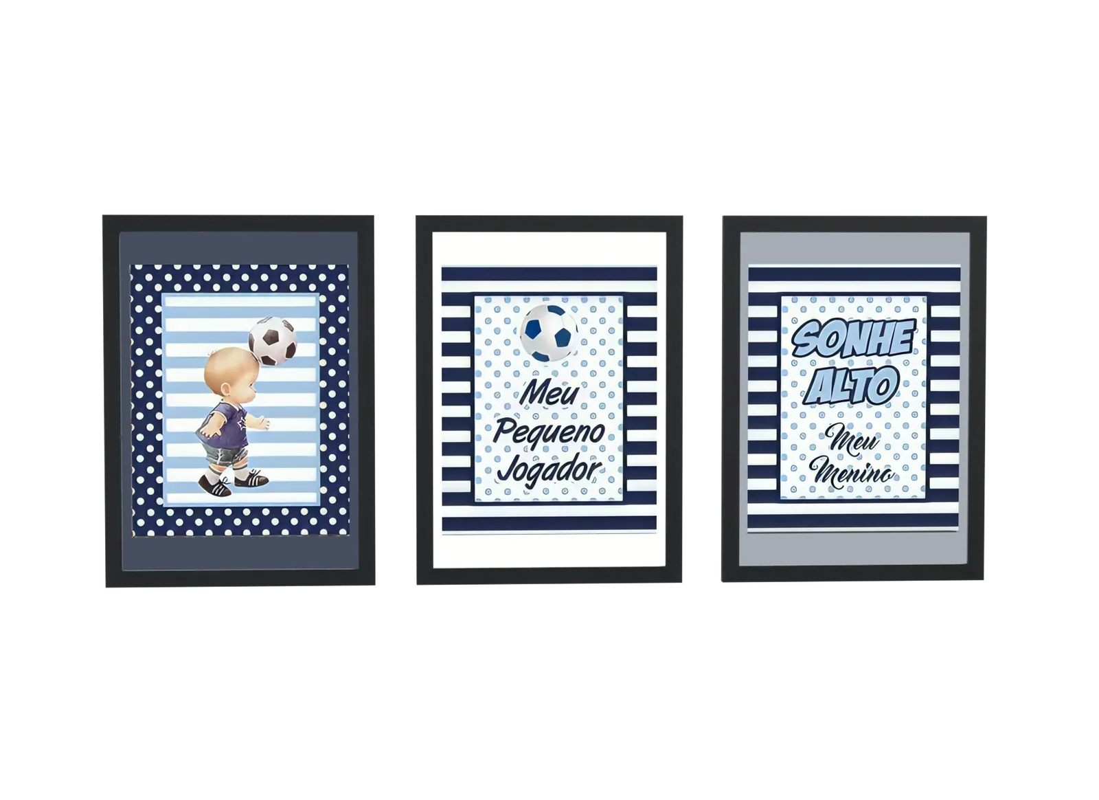 Pôster Trio infantil de futebol em azul-marinho emoldurado