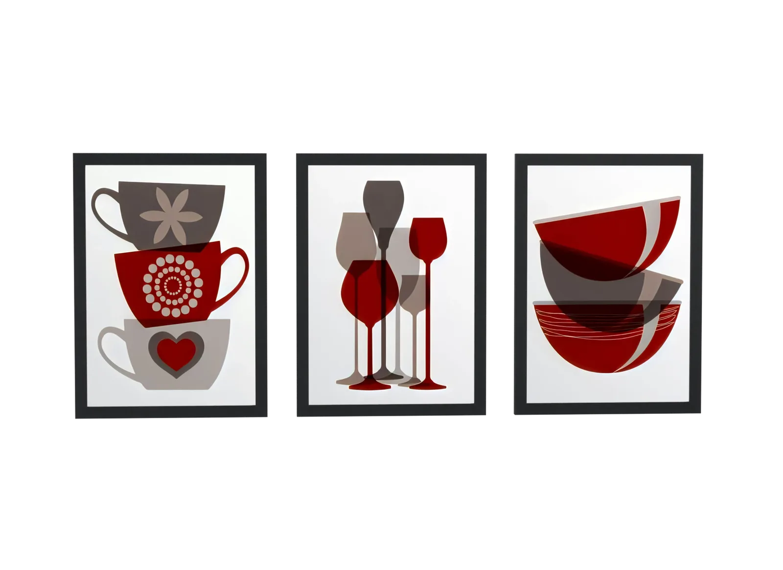 Pôster Trio de xícaras, taças e tigelas em vermelho emoldurado