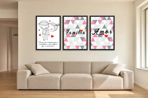 Pôster Trio de casal e frase de amor em pastel emoldurado na parede: sala de estar ampla