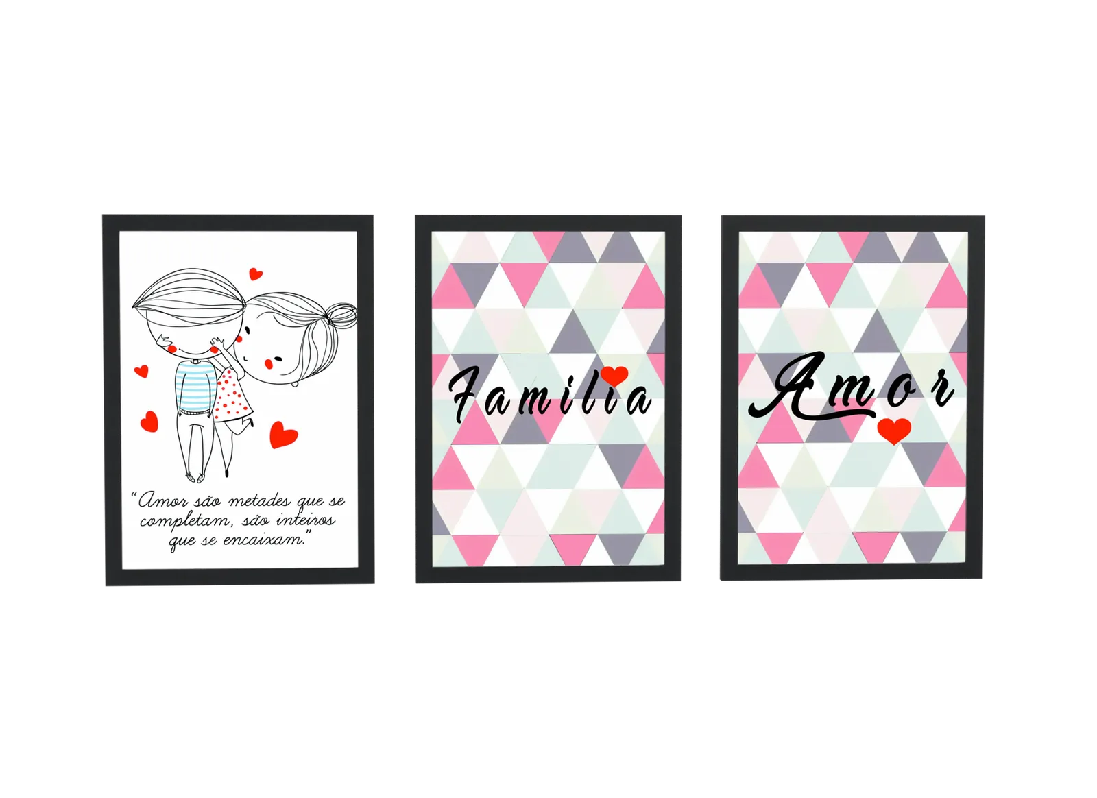 Pôster Trio de casal e frase de amor em pastel emoldurado