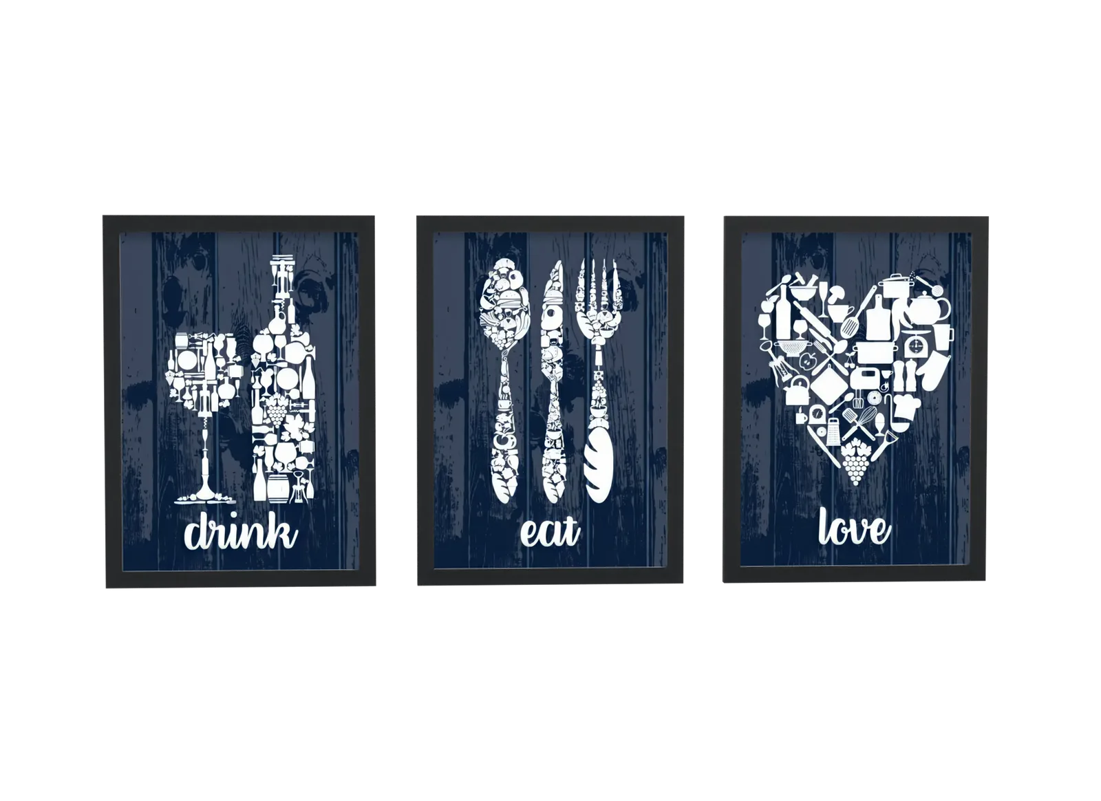 Pôster Trio drink eat love para a cozinha emoldurado