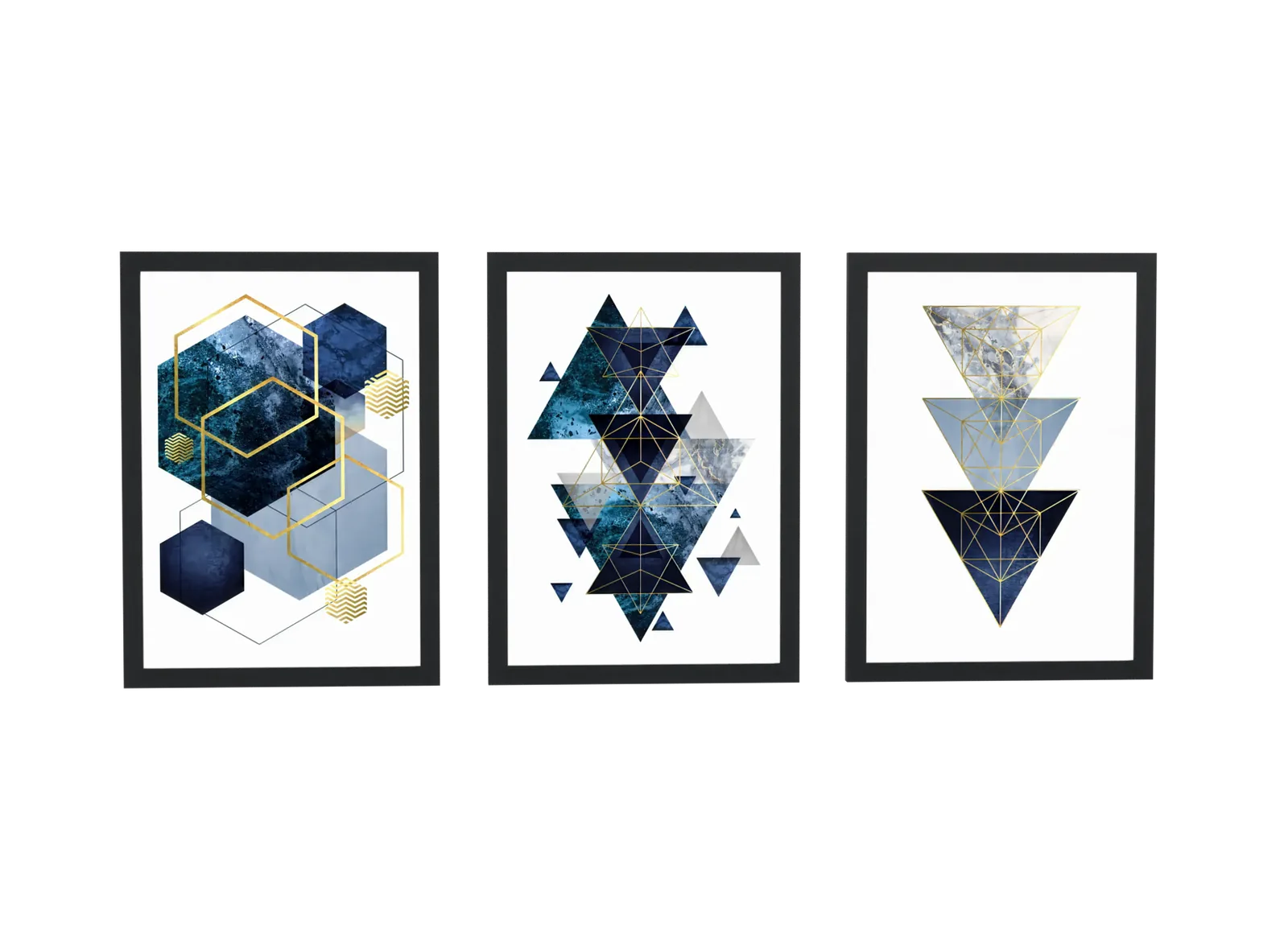 Pôster Trio geométrico em azul-marinho e dourado emoldurado