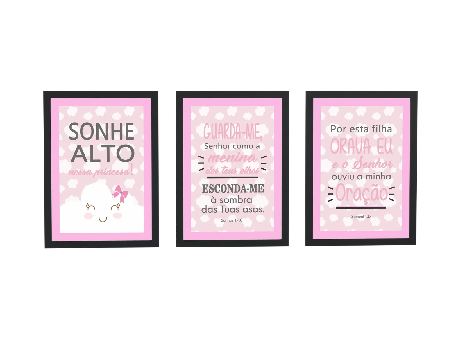 Pôster Trio infantil rosa com versículos bíblicos emoldurado
