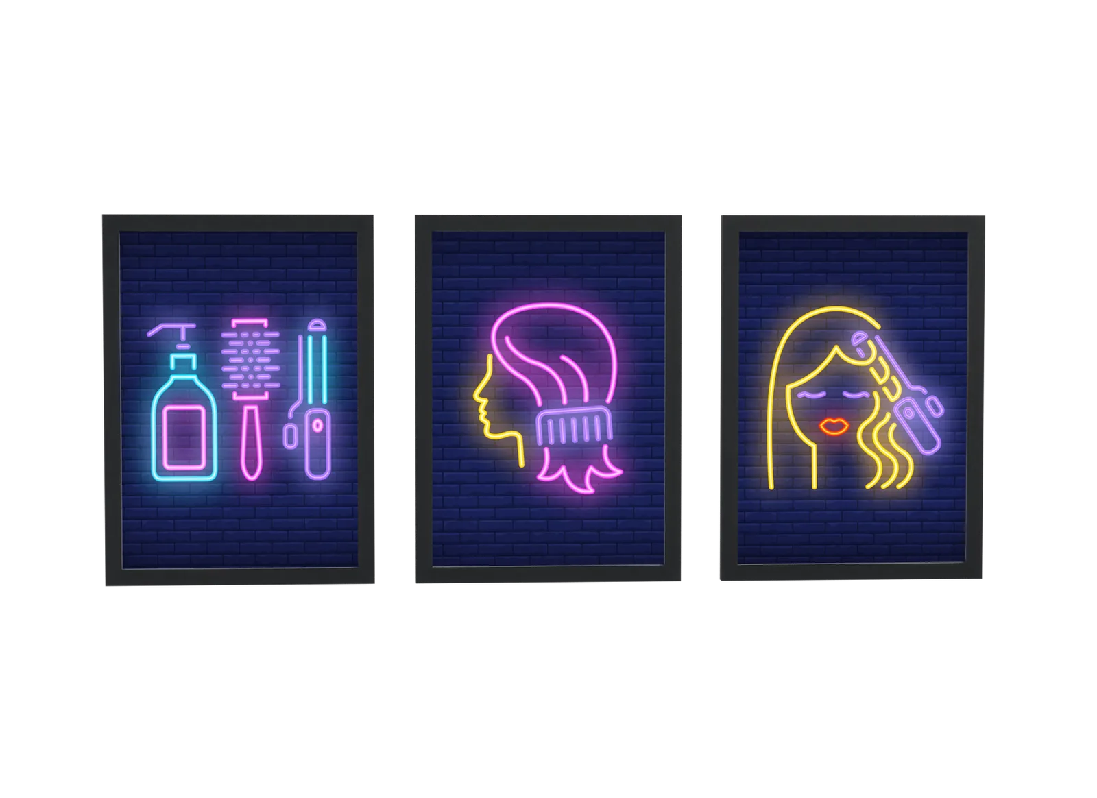 Pôster Trio neon de salão de beleza emoldurado