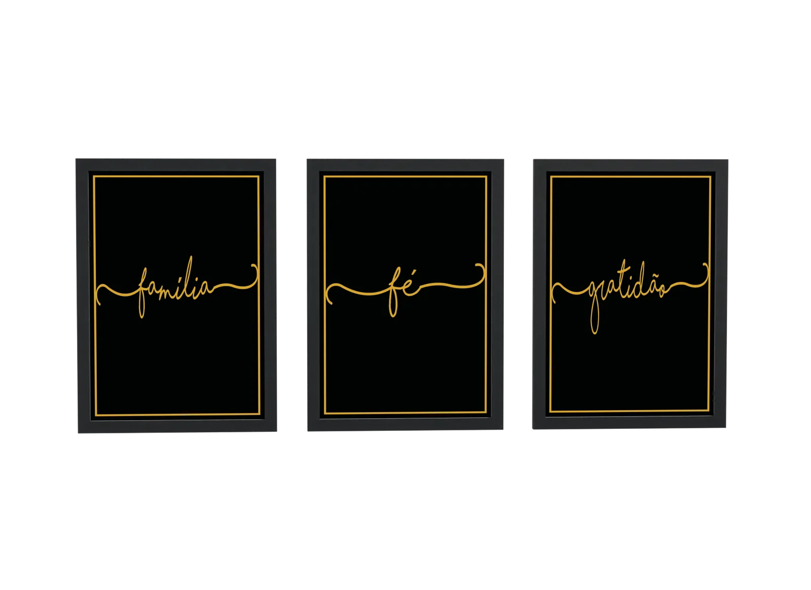 Pôster Trio preto e dourado de família e fé emoldurado