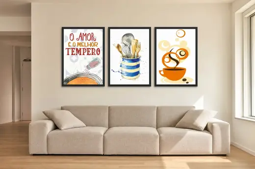 Pôster Trio de cozinha com frase e utensílios emoldurado na parede: sala de estar ampla