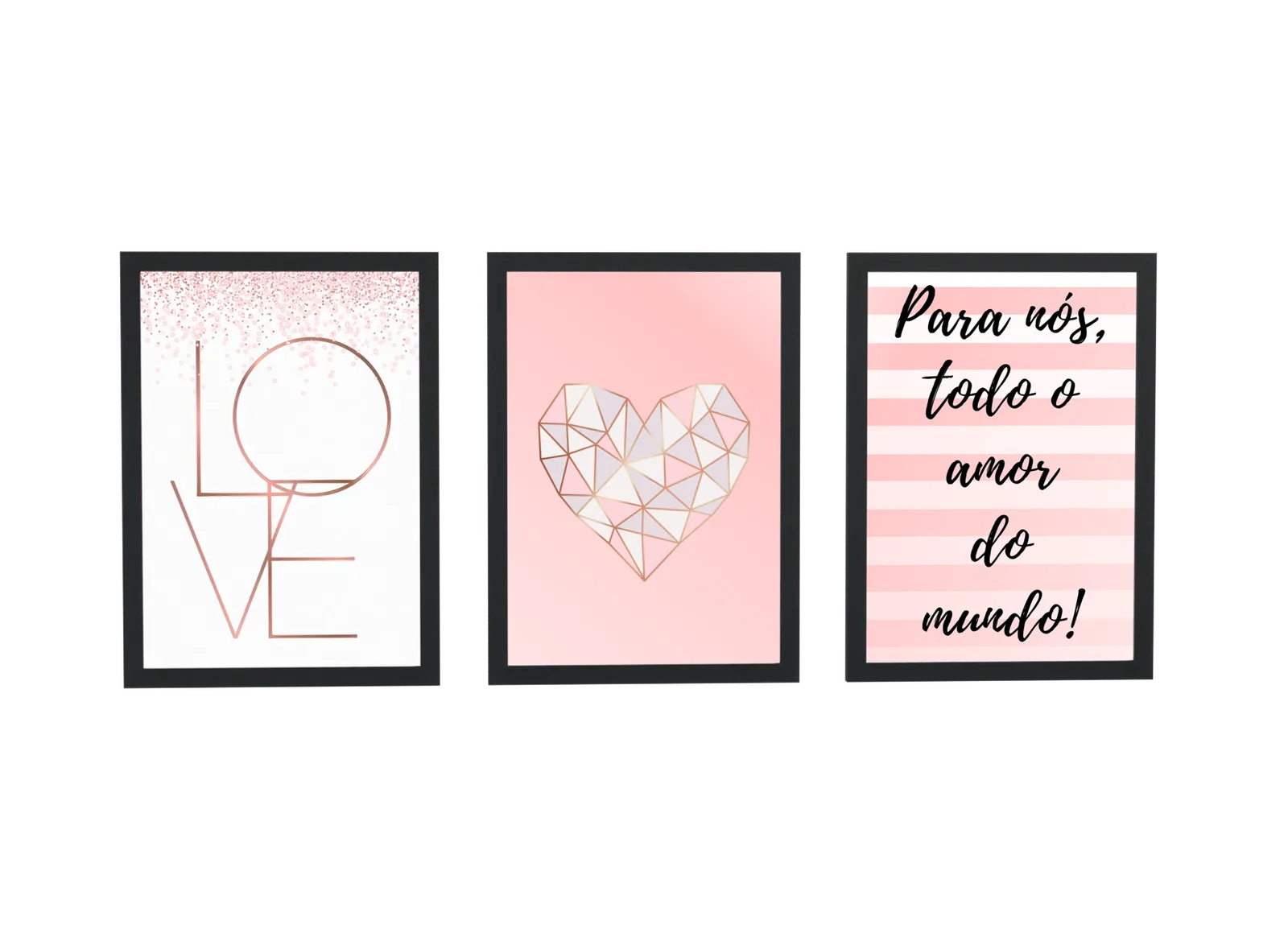Pôster Trio rosa de love e coração geométrico emoldurado
