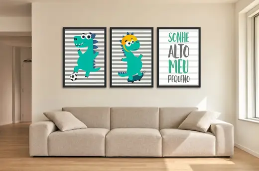 Pôster Trio infantil de dinossauro esportista emoldurado na parede: sala de estar ampla