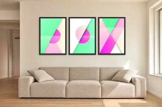 Pôster Trio geométrico em verde-menta e rosa emoldurado na parede: sala de estar ampla