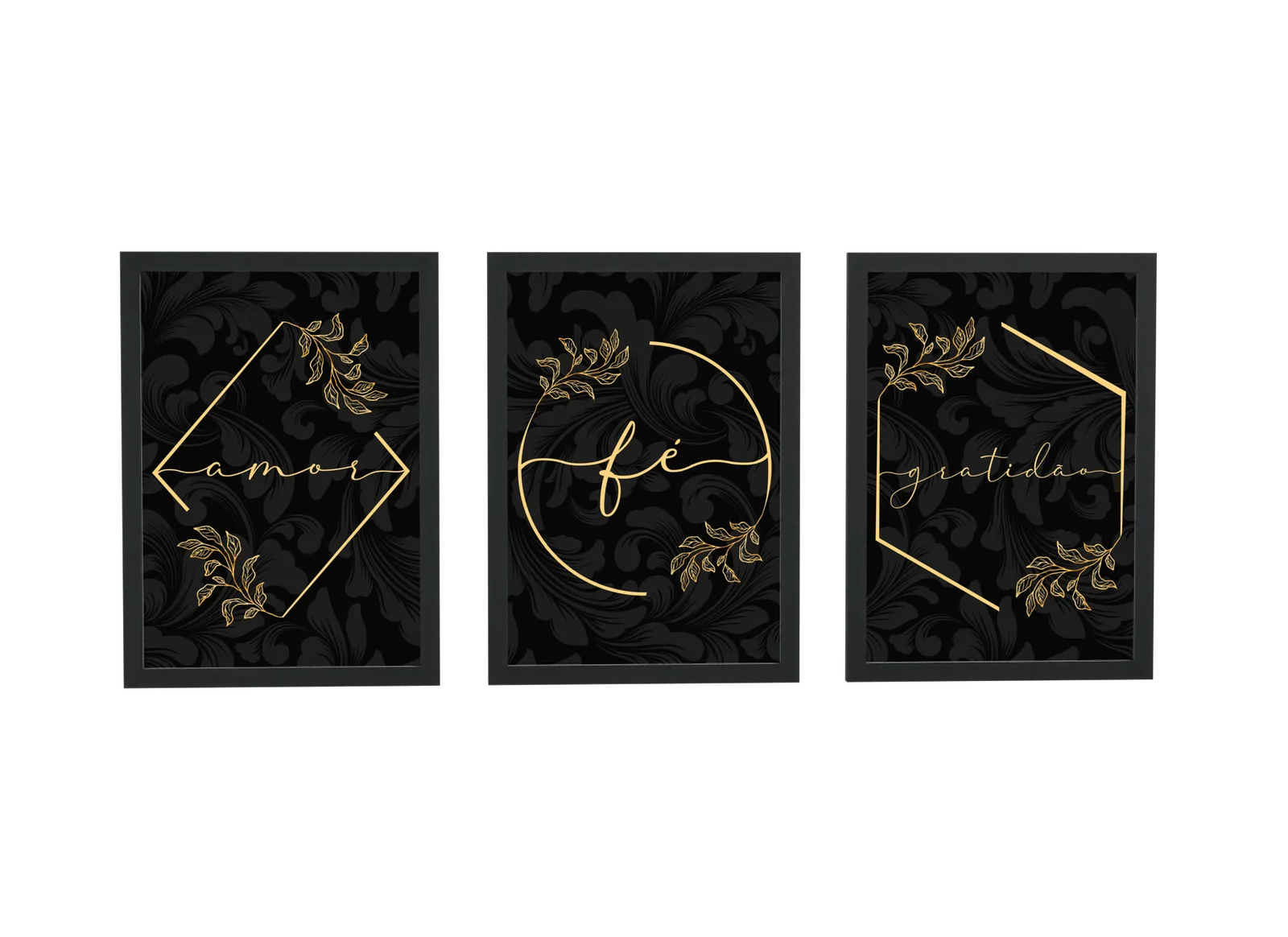 Pôster Trio preto e dourado de amor, fé e gratidão emoldurado