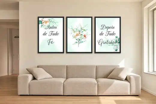 Pôster Trio verde de fé e gratidão com flores emoldurado na parede: sala de estar ampla
