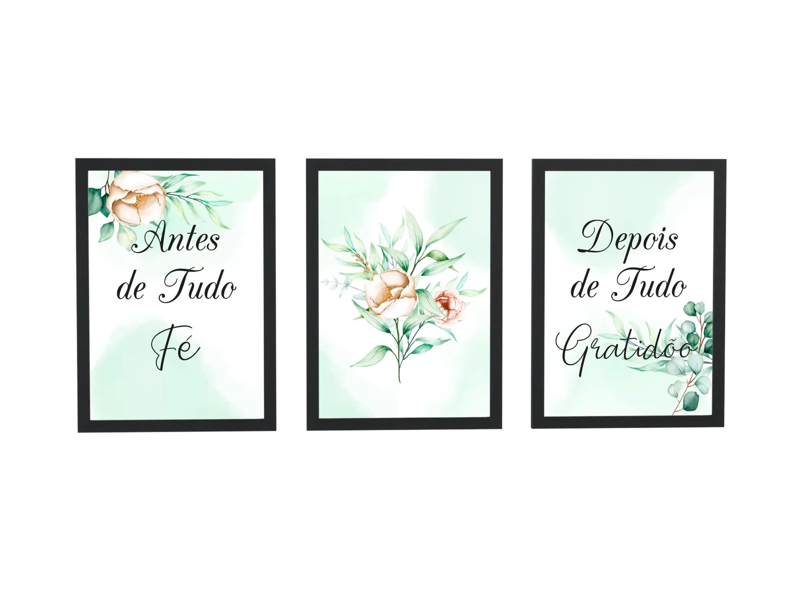 Pôster Trio verde de fé e gratidão com flores emoldurado