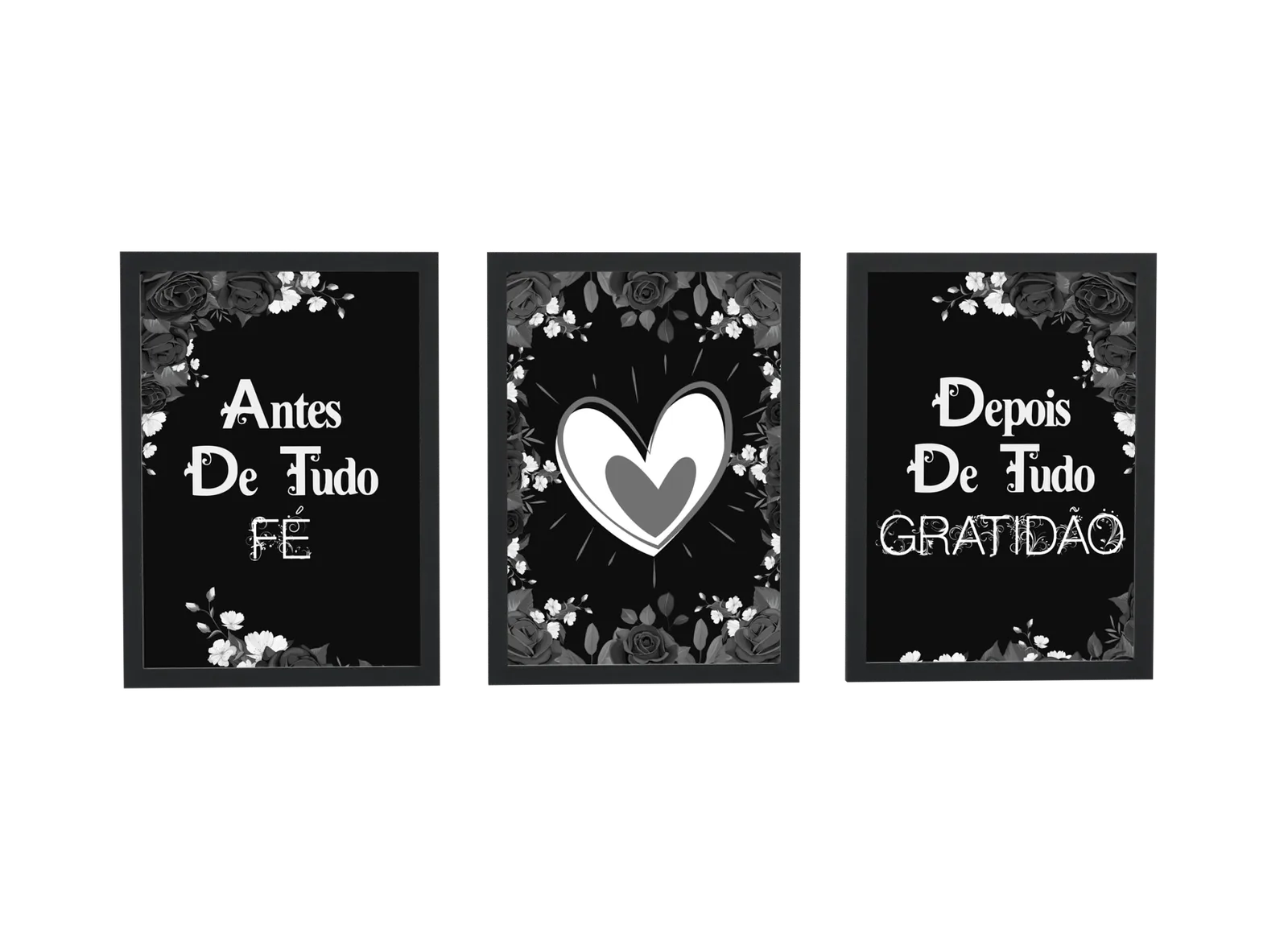 Pôster Trio preto de fé e gratidão com coração emoldurado