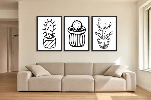 Pôster Trio de cactos em traço preto e branco emoldurado na parede: sala de estar ampla