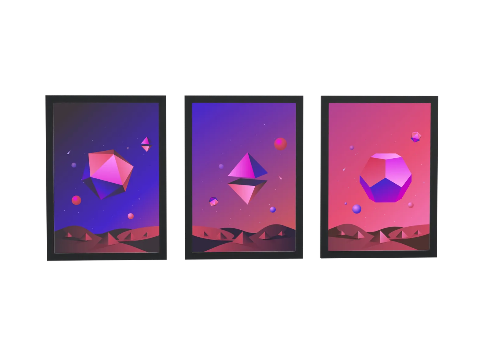 Trio de poliedros 3D em gradiente roxo