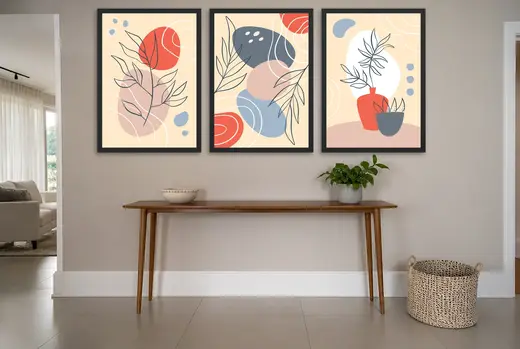 Pôster Trio abstrato boho com formas orgânicas emoldurado na parede: hall de entrada