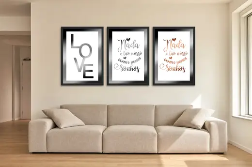 Pôster Trio de love e frase de sonhos emoldurado na parede: sala de estar ampla