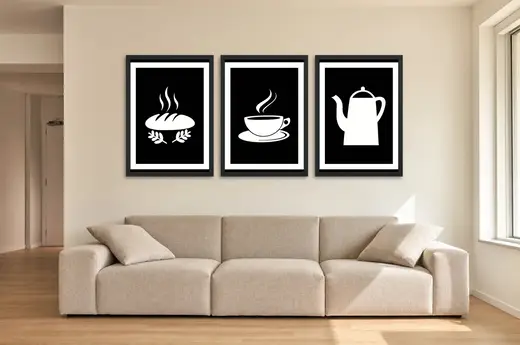 Pôster Trio de ícones de pão, café e bule emoldurado na parede: sala de estar ampla