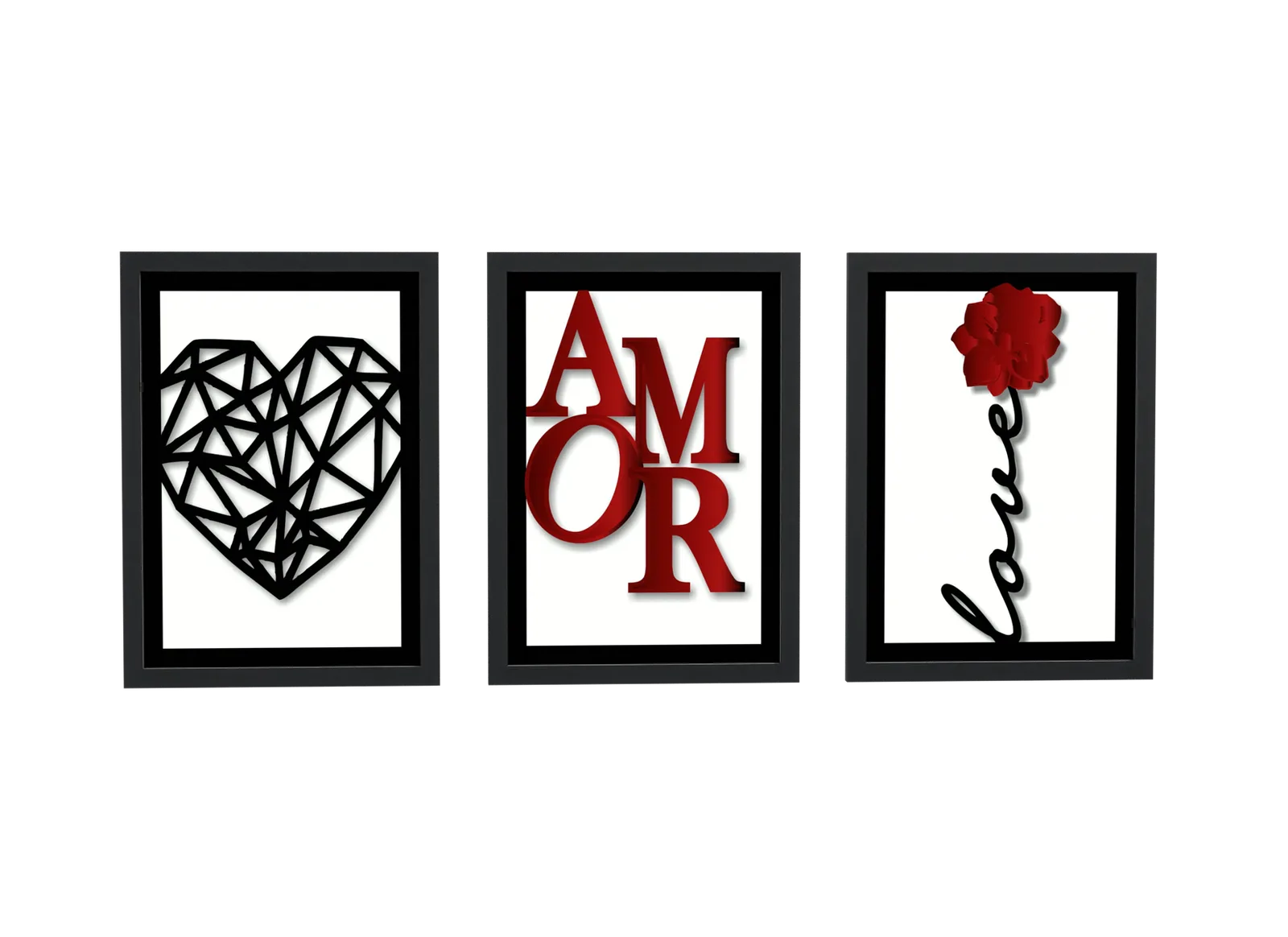 Pôster Trio preto de coração e amor em vermelho emoldurado