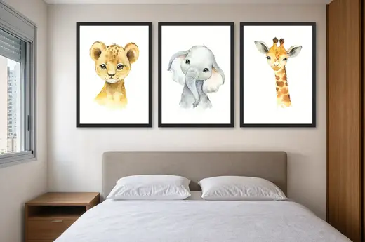 Pôster Trio de filhotes selvagens em aquarela emoldurado na parede: quarto de casal
