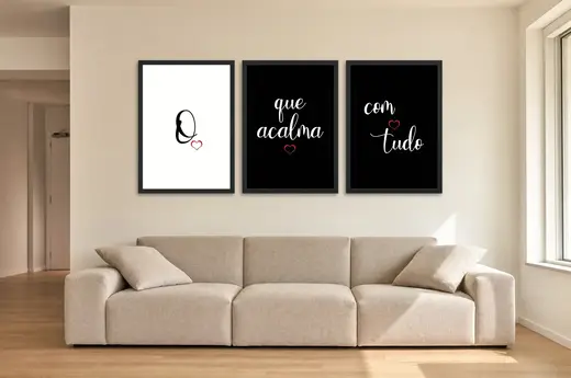 Pôster Trio de frase amor que acalma tudo emoldurado na parede: sala de estar ampla