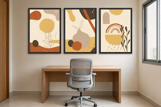 Pôster Trio boho de formas abstratas em terracota emoldurado na parede: home office
