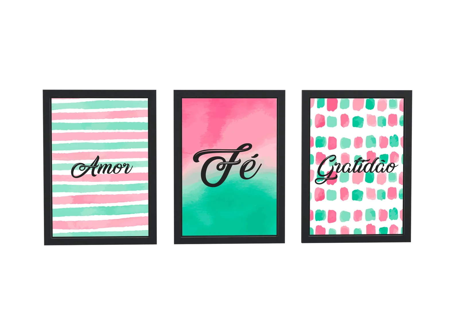 Pôster Trio rosa e verde de amor, fé e gratidão emoldurado