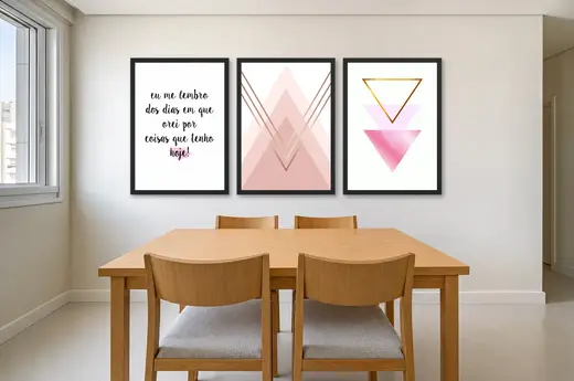 Pôster Trio geométrico rosa com frase de gratidão emoldurado na parede: sala de jantar clara