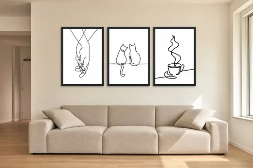 Pôster Trio minimalista de mãos, gatos e café emoldurado na parede: sala de estar ampla