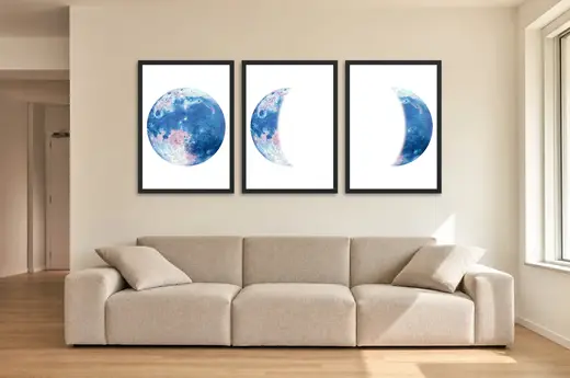 Pôster Trio da lua em fases aquareladas emoldurado na parede: sala de estar ampla
