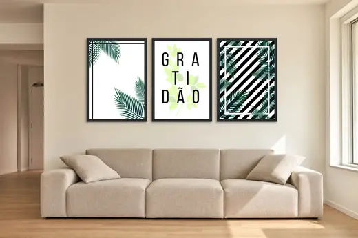 Pôster Trio tropical de gratidão em preto e branco emoldurado na parede: sala de estar ampla