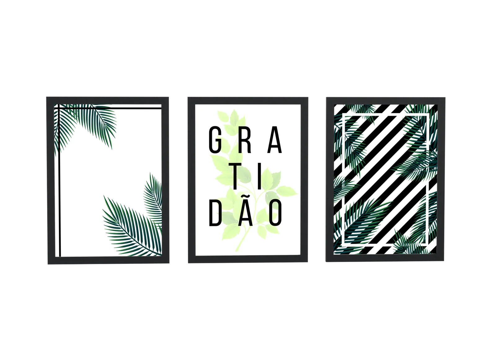 Pôster Trio tropical de gratidão em preto e branco emoldurado