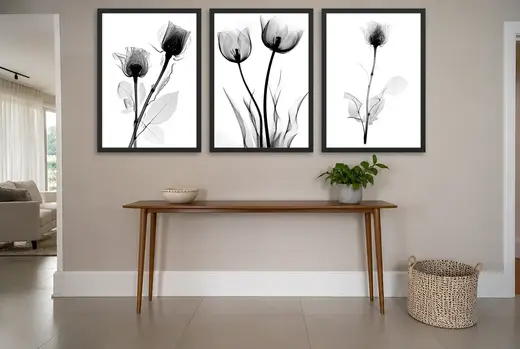 Pôster Trio de rosas e tulipas em raio-x emoldurado na parede: hall de entrada