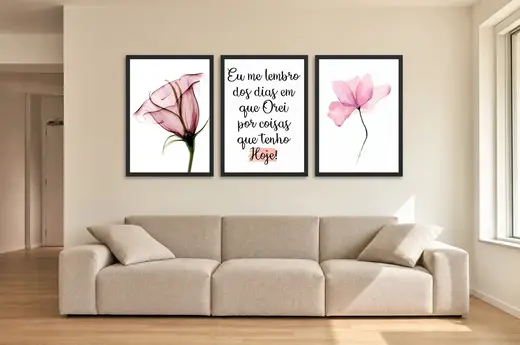 Pôster Trio aquarela rosa com frase de oração emoldurado na parede: sala de estar ampla