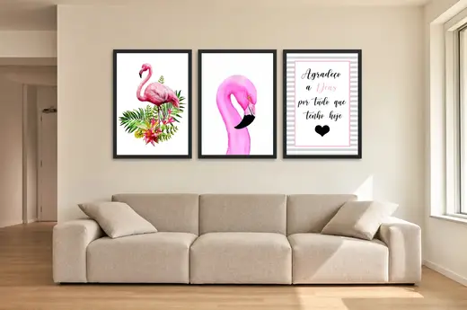 Pôster Trio de flamingo com frase de gratidão emoldurado na parede: sala de estar ampla